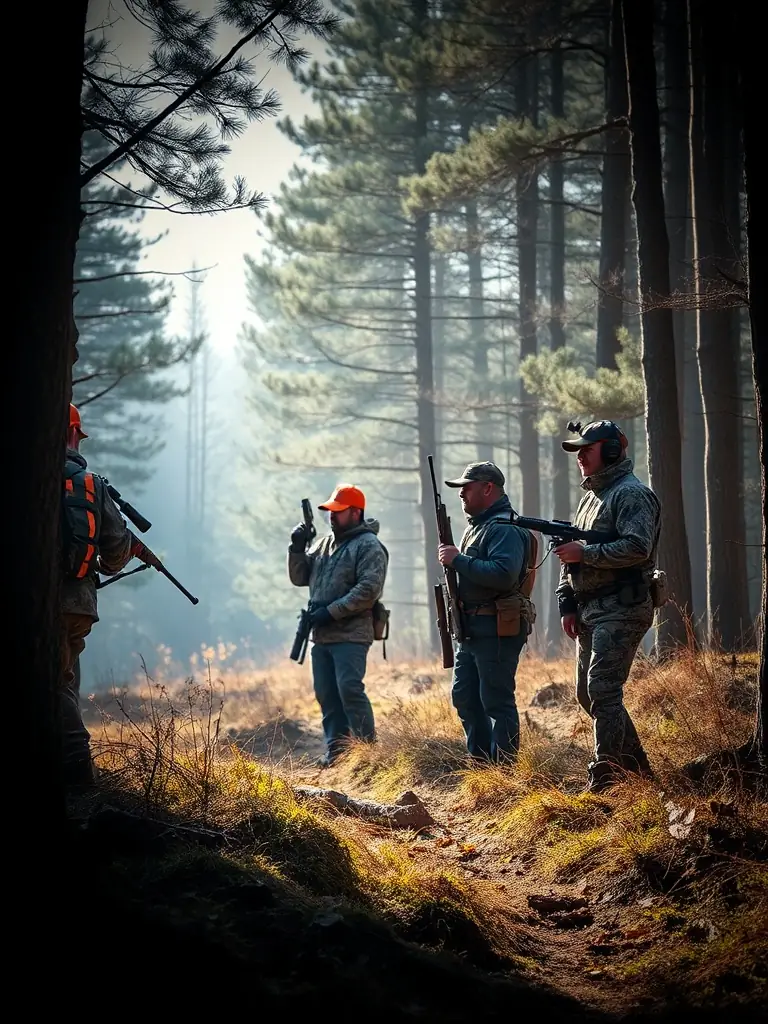 A photograph of local hunters participating in a controlled hunt, showcasing responsible hunting practices.