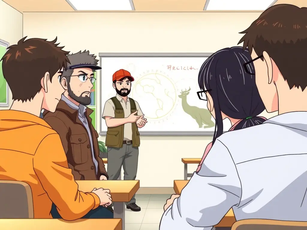 A classroom setting where an instructor is teaching a group of adults about responsible hunting practices and wildlife conservation, representing the educational programs offered by ASSOCIATION COMMUNALE DE CHASSE AGREEE DE CUSSAC.