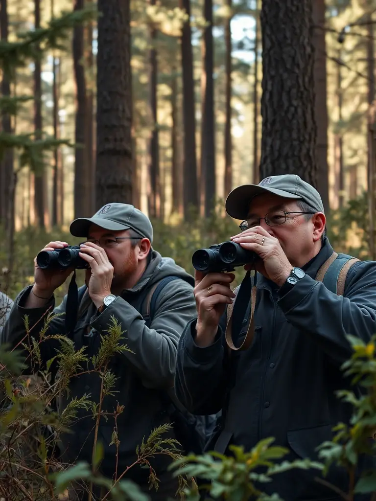 A scenic image of lush Cussac forests with hunters observing wildlife, emphasizing conservation efforts.