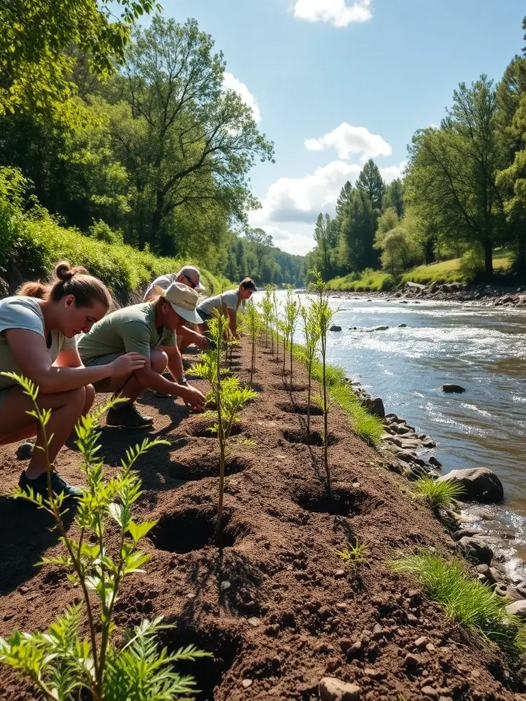Volunteers planting native trees in a restored wetland area, illustrating habitat restoration efforts.